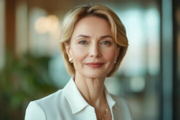 Fototapeta premium Close-up headshot of confident European mature, good looking middle-aged leader, businesswoman CEO on blurred office background. Beautiful senior European businessman smiling at the camera