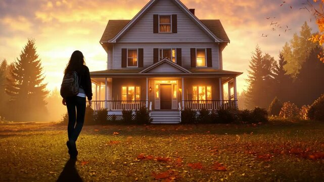 Cozy autumn evening at a charming house with vibrant foliage and sunset glow