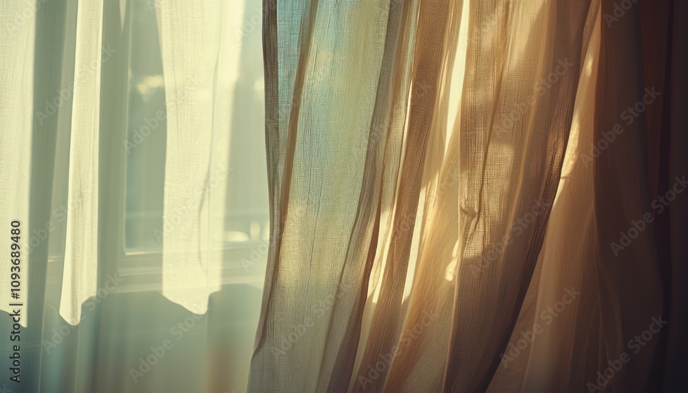Poster sunlight filtering through sheer curtains in a room.