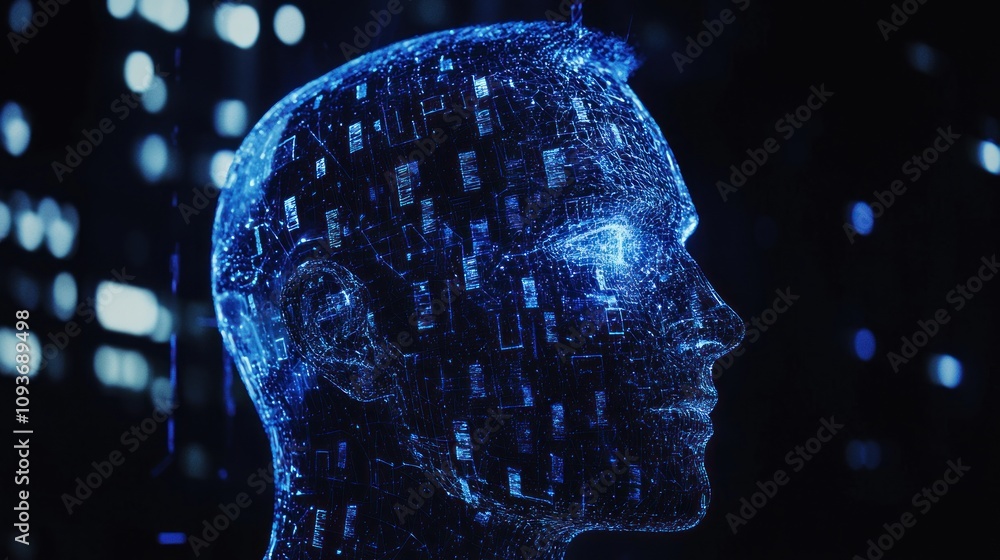 Poster a digital human profile constructed of glowing blue lines and data
