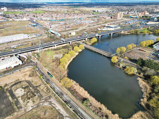 Obraz premium High Angle View of Dagenham City East London Capital City of England Great Britain. Aerial Footage was Captured with Drone's Camera on March 2nd, 2024