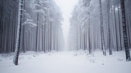 A serene snowy forest with tall pine trees dusted in white under a pale winter sky.