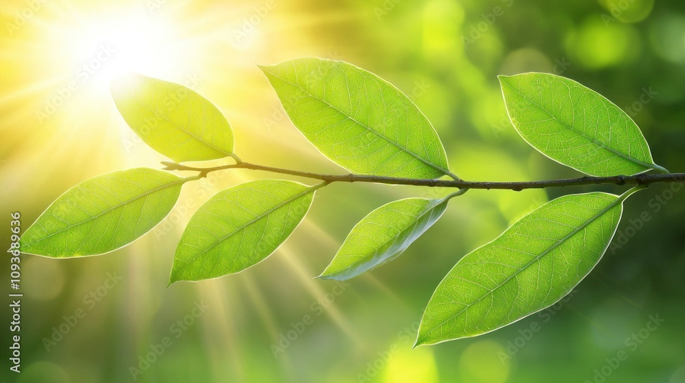 Poster sunbeams illuminating a branch with delicate green leaves