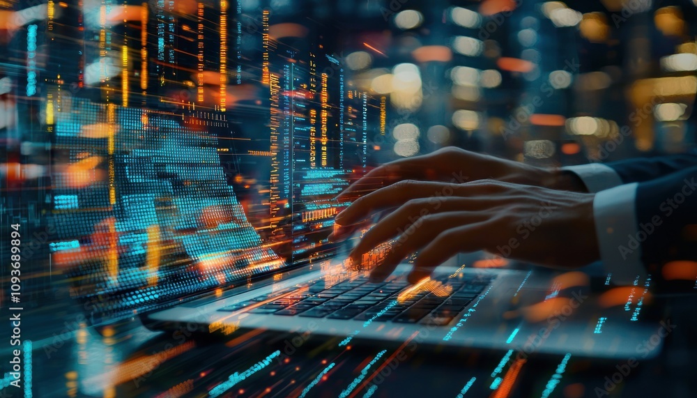 Poster Hands Typing on a Laptop with a Blurred Cityscape and Code in the Background