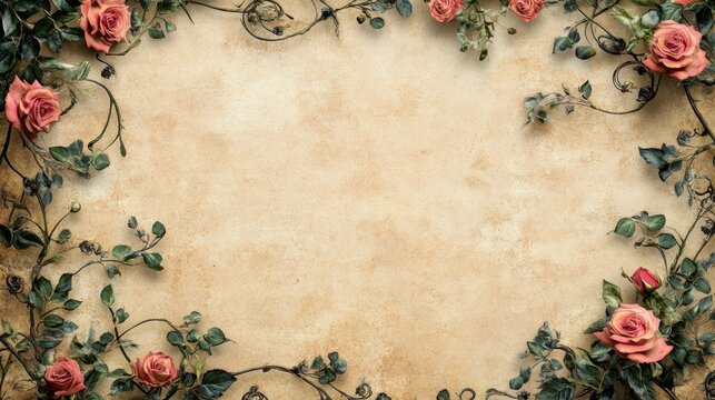Romantic Vintage Roses Frame: Elegant Floral Border on Antique Paper Background