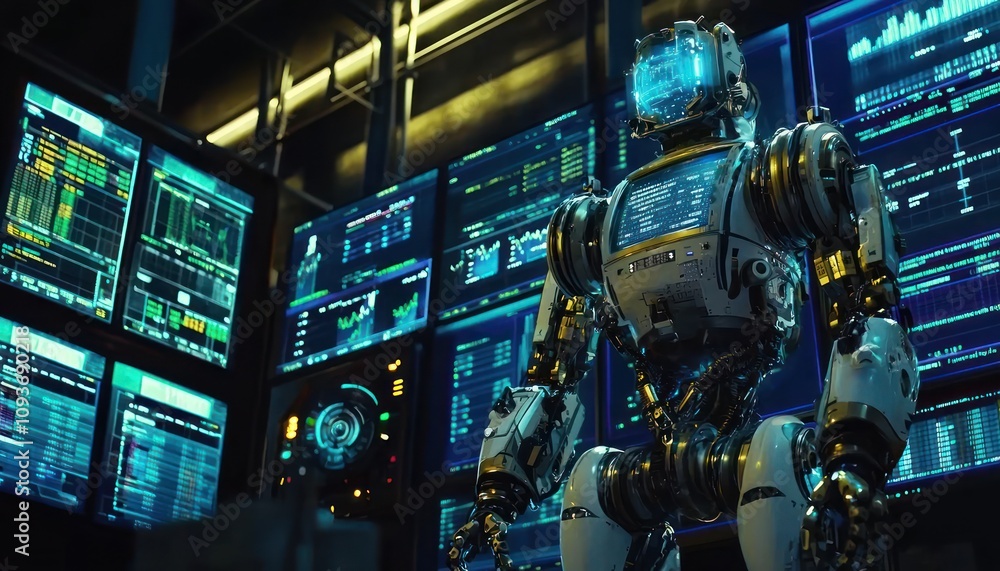 Poster A futuristic robotic figure stands in a dimly lit control room filled with computer screens displaying data and information.