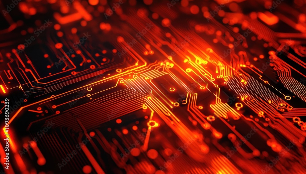 Poster close-up of a red-lit circuit board with glowing lines and connections