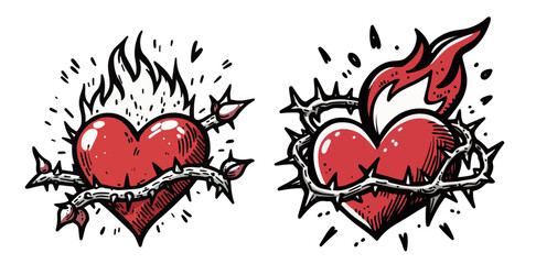 hand-drawn sacred heart illustrations with bold details and textures