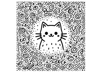 cute cat illustration with abstract doodle background in black and white