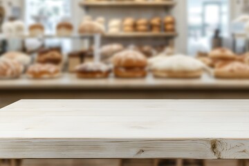 Blurred background of a bakery with a focus on an empty wooden table, ready to display fresh bread, pastries, or desserts, evoking a warm and inviting atmosphere