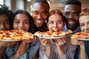 Close-Up Image of Diverse Business Team Celebrating Successful Milestone with Pizza Party in Office