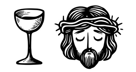 hand-drawn jesus face and goblet in monochrome religious design