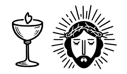 hand-drawn jesus face and goblet in monochrome religious design