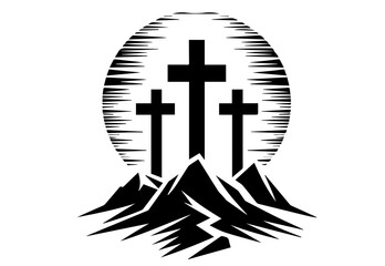 black and white illustration of three crosses with spiritual details – black vector