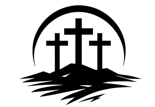 black and white illustration of three crosses with spiritual details &ndash; black vector