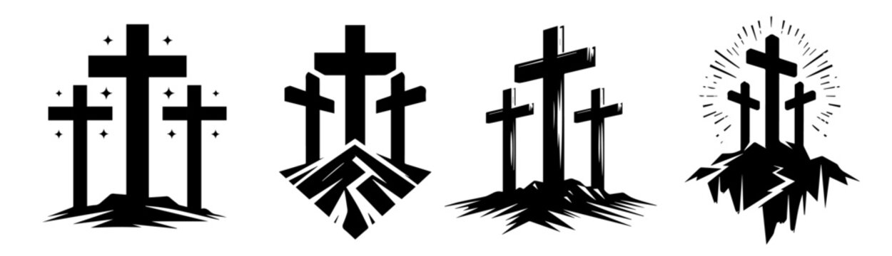 black and white illustration of three crosses with spiritual details &ndash; black vector