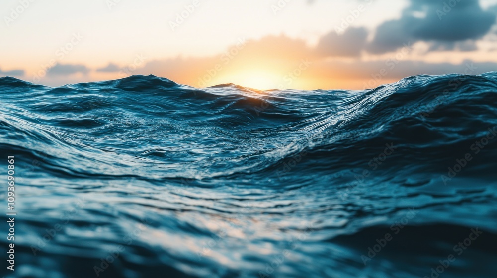 Poster close-up of ocean waves with sunset in the background