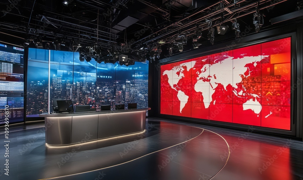 Poster a virtual studio set for news, with a large led panel display showing a global map and news graphics