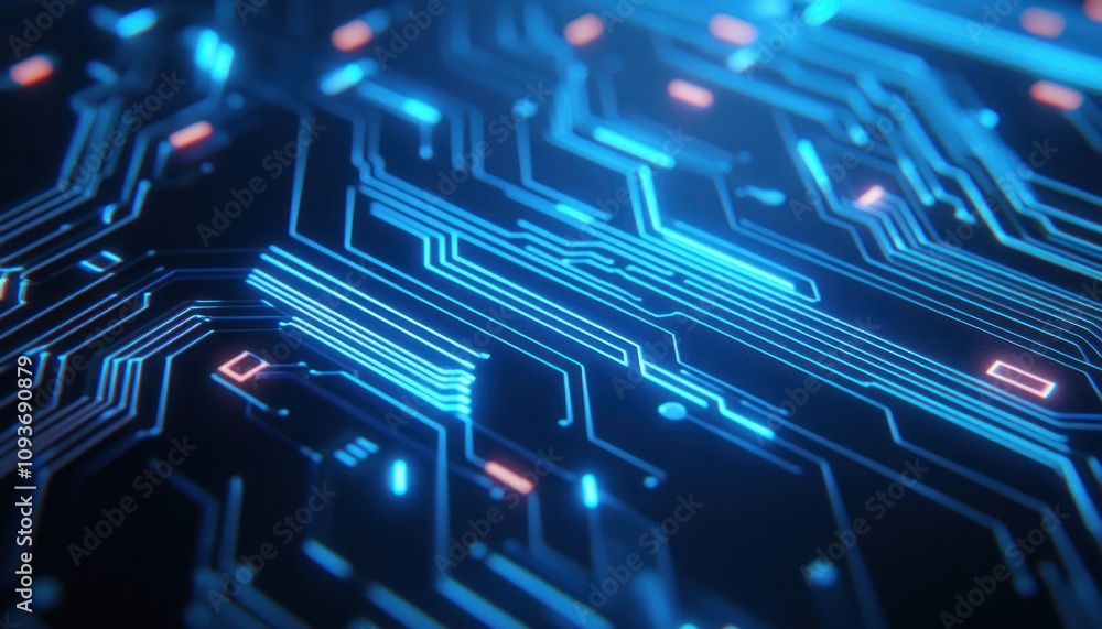 Poster close-up of a blue and red illuminated circuit board