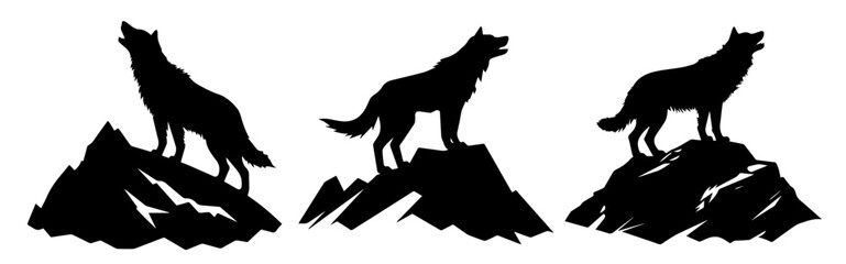 majestic wolf silhouette illustration with mountain backdrop