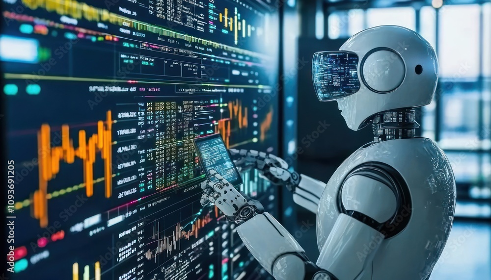 Poster A humanoid robot analyzing financial data on a screen.