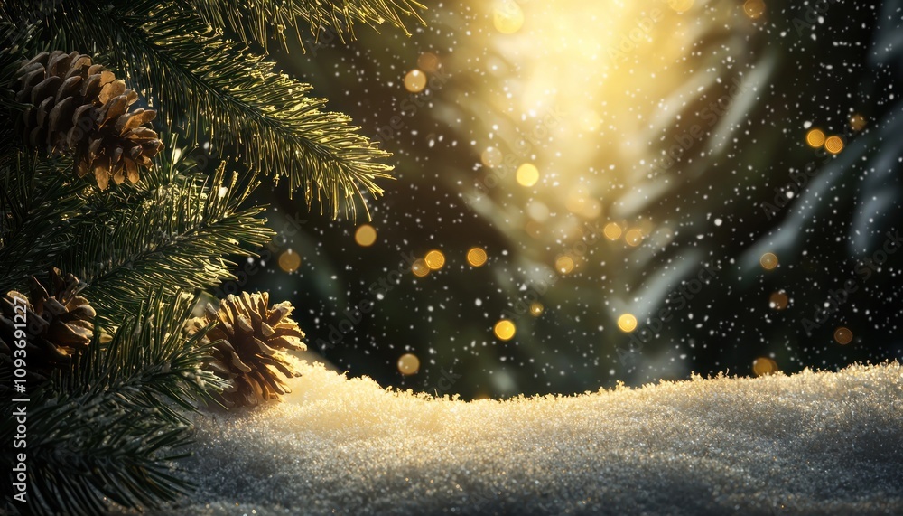 Poster pine branch with cones in snowy winter landscape with golden bokeh lights
