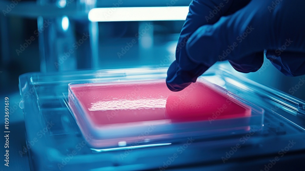 Poster gloved hand reaching for red agar plate in a laboratory setting