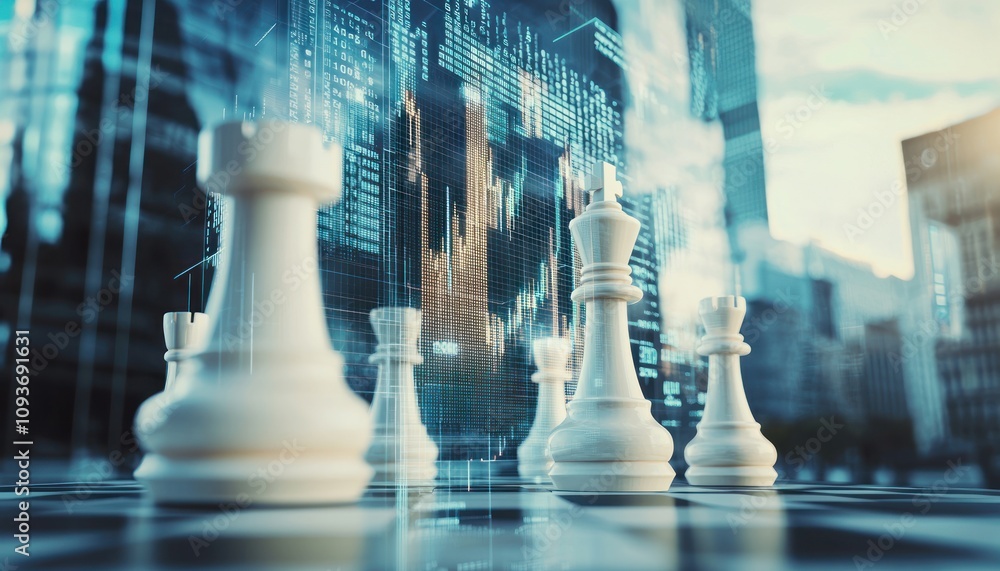 Aufkleber white chess pieces on a chessboard with cityscape and data visualization in the background