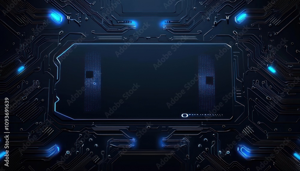 Poster a circuit board with a blue glowing rectangle in the center
