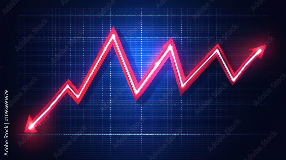 Poster red arrow on a blue grid chart, glowing with light