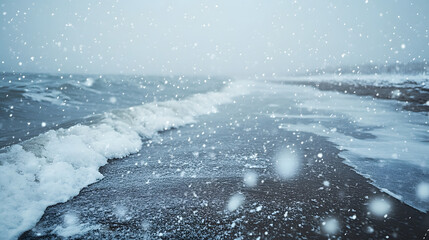 A snowstorm sweeping across a desolate winter beach with icy waves crashing ashore.