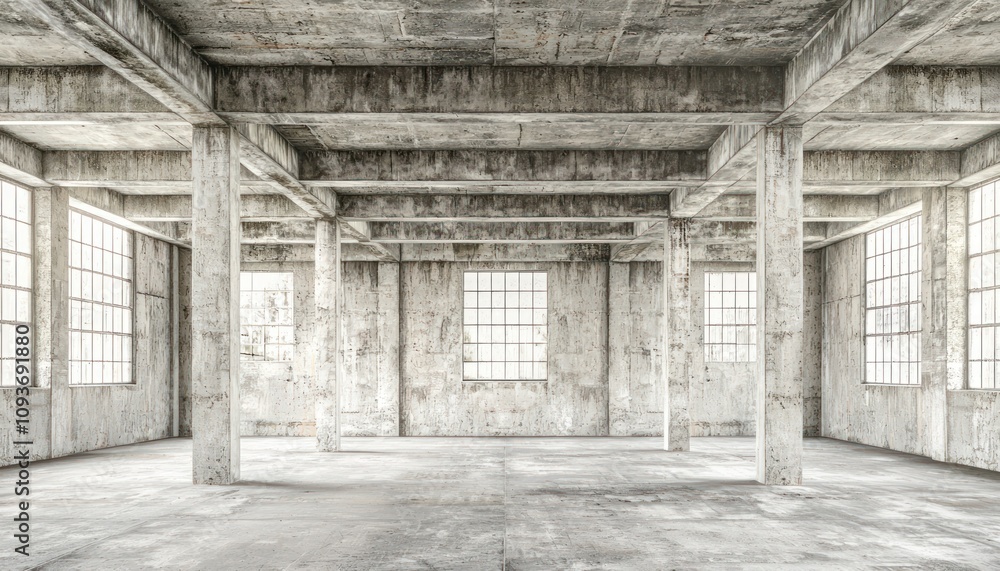 Poster an empty concrete room with large windows and exposed beams