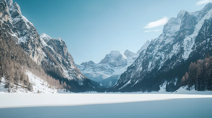A snowy alpine valley dotted with frozen lakes and surrounded by towering peaks under a clear blue sky.