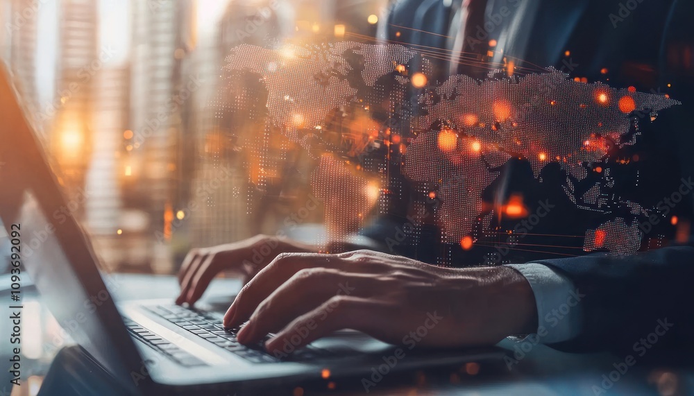 Poster hands typing on laptop with world map and city lights overlay