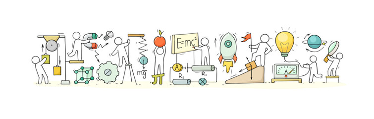 Science background with physics lab and scientists. Concept of school education, experiments, research with doodle people with magnet, laboratory equipment, vector hand drawn illustration