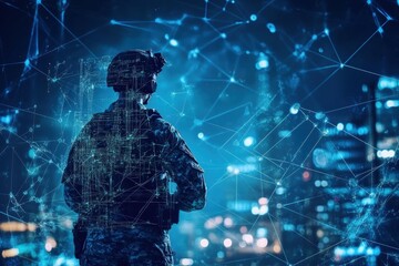 Soldier observing a futuristic city skyline illuminated at night with digital overlays and networks