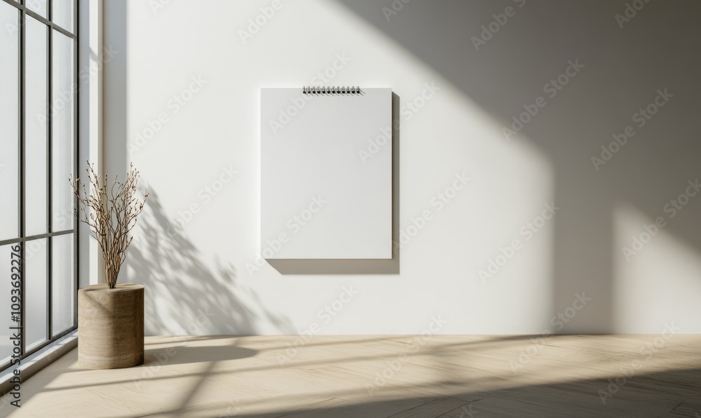 Poster a4-sized drawing pad with spiral binding at the top, without print and without motif, hangs on a mod