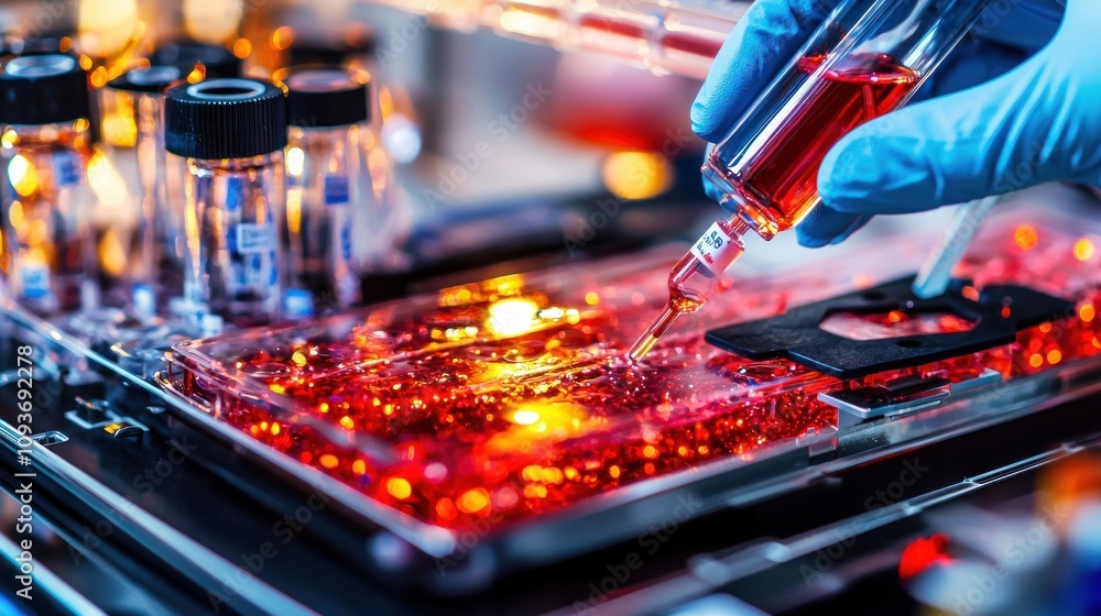 Aufkleber Red Liquid Being Dropped into a Transparent Tray with Round Objects