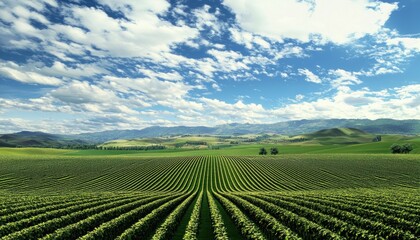 Fototapeta premium Vineyard Rows Under a Blue Sky with White Clouds