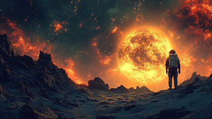 Astronaut gazes at a massive sun in a vibrant alien landscape filled with fiery colors and rugged terrain. Generative AI