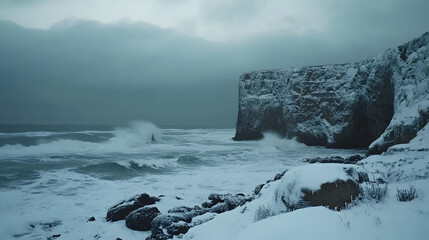A snowy coastline with dramatic cliffs and crashing waves under an overcast winter sky.