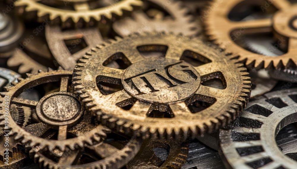 Poster close-up of interlocking cogs with 