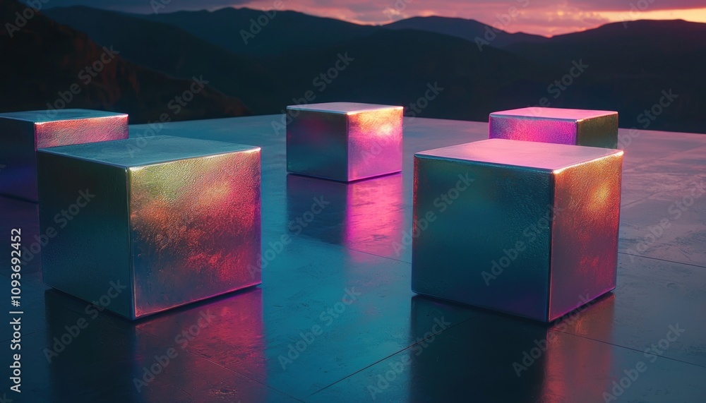 Poster metallic cubes with iridescent finish and reflections on a surface