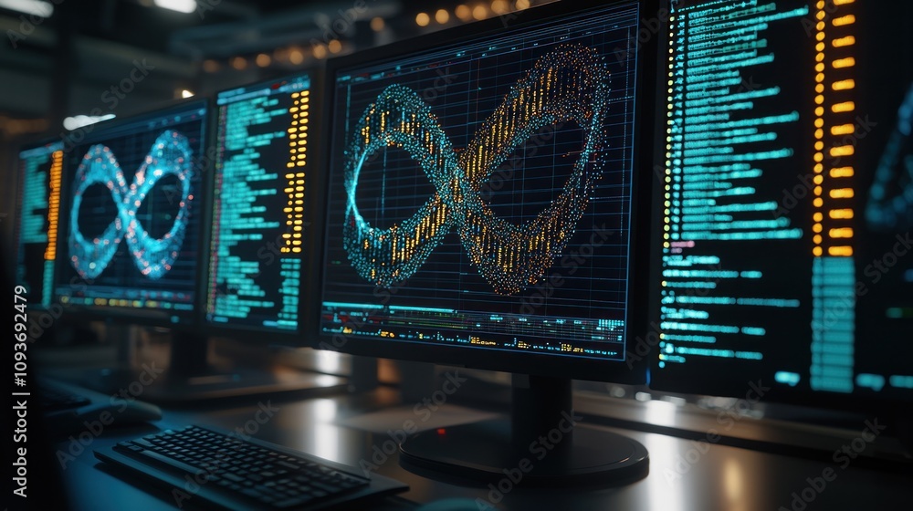 Poster infinity symbol rendered on computer monitors in a dark room