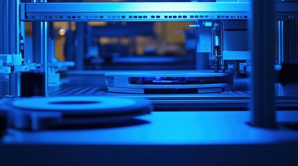 Fototapeta premium Close-up of a Blue-lit Industrial Machine with a Rotating Platform