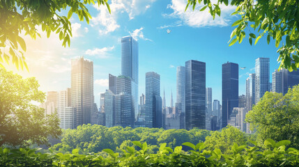Obraz premium Green trees, parks, or vertical gardens integrated into the city, promoting biodiversity and environmental sustainability. 