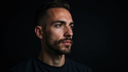 Obraz premium A man showcasing refined small beard styles in a close-up, illuminated with soft lighting to highlight his sharp details.