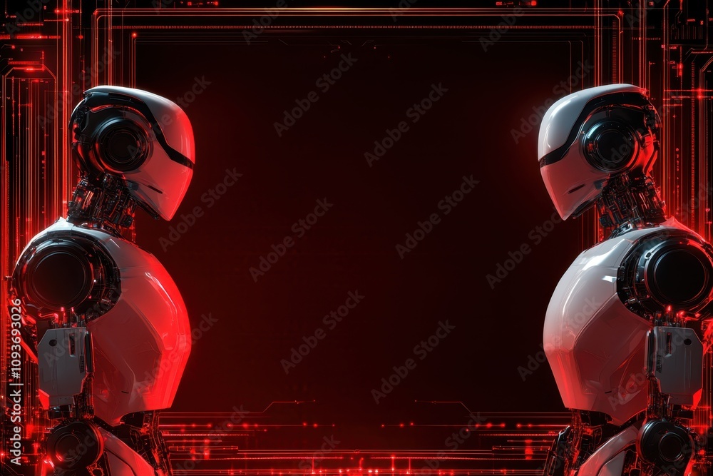 Poster robots engaged in a futuristic dialogue within a high-tech environment