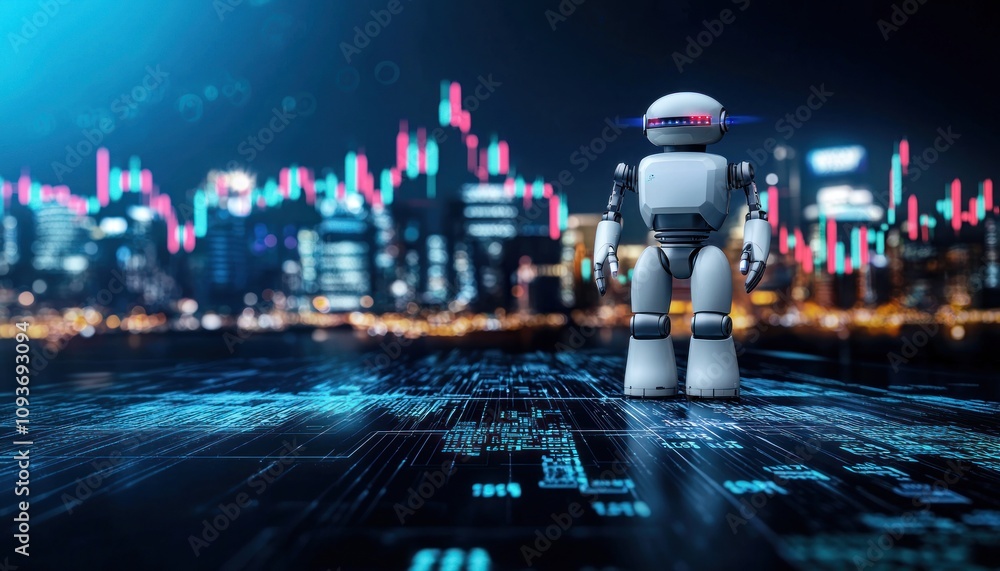 Aufkleber Futuristic Robot Standing on a Digital Platform in a Cityscape Background