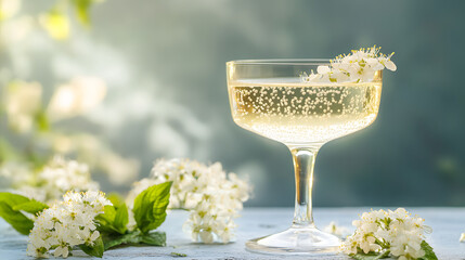 A sparkling elderflower tonic served in a coupe glass with edible flowers.